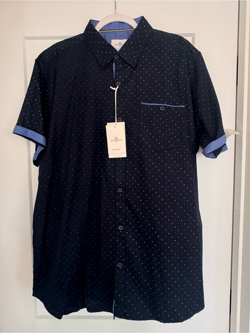 Men's Navy Short-Sleeve Dot Button-Down Shirt with Contrast Trim